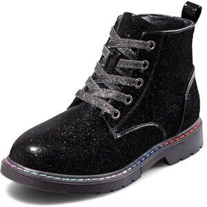 Girls Ankle Boots Black Glitter Combat Booties Zipper Lace Up Winter Dress Boots